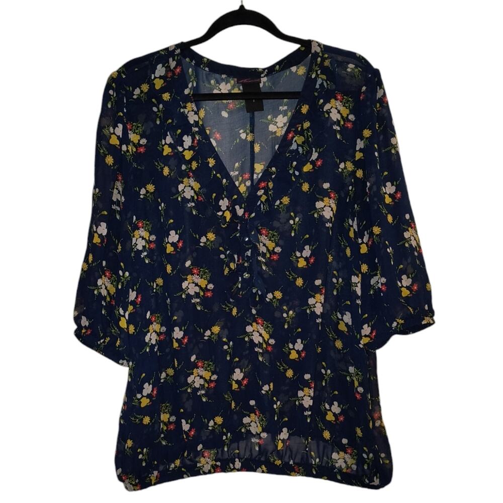 Torrid Blue Sheer Spring Floral V Neck Front Ruffle Blouse Top 2x